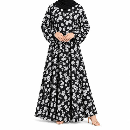 Black full-length abaya with an all-over white floral print and long sleeves