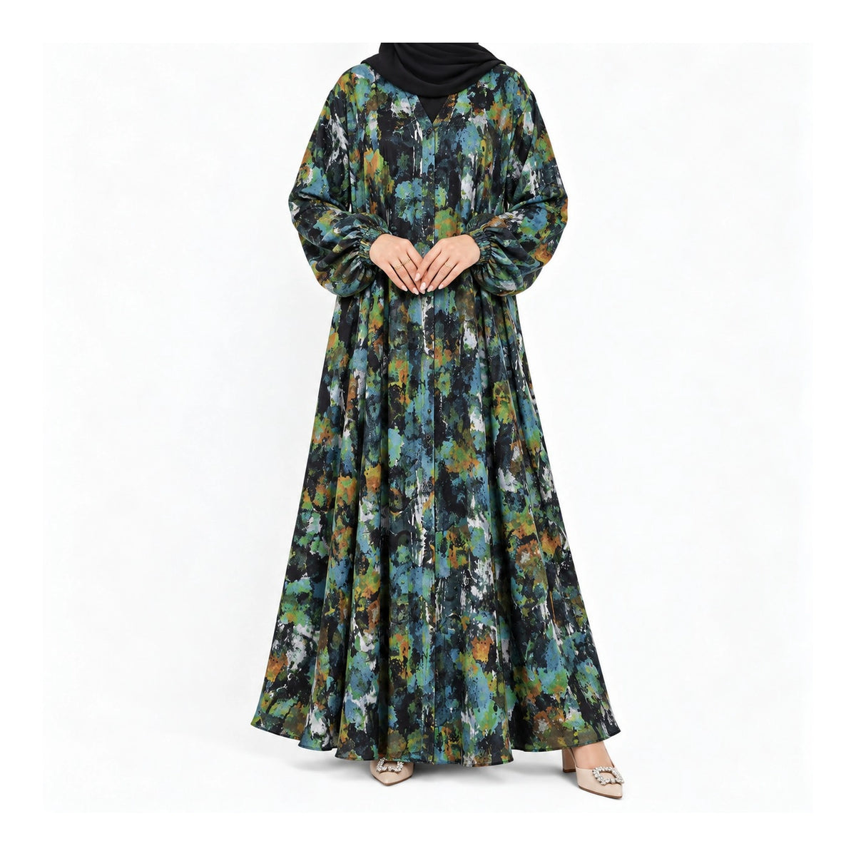 Black Multicolor Printed Abaya