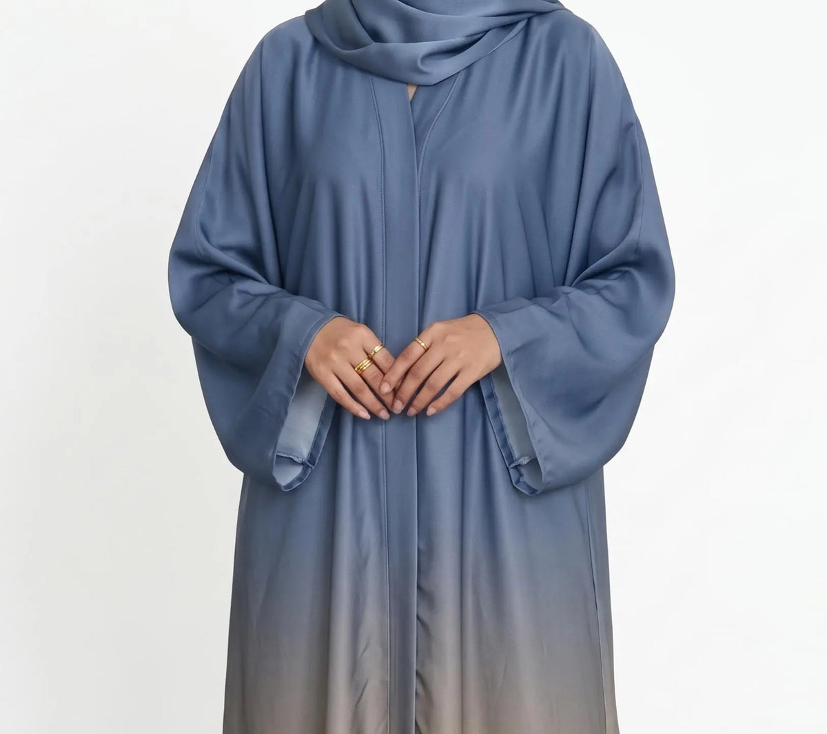Full-length blue and beige ombré abaya with wide sleeves