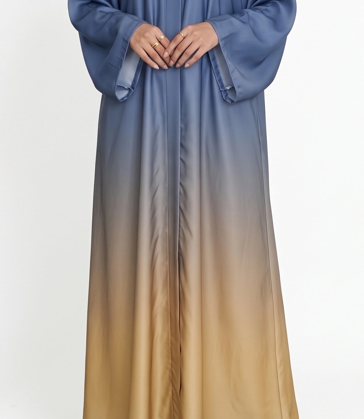 Full-length blue and beige ombré abaya with wide sleeves