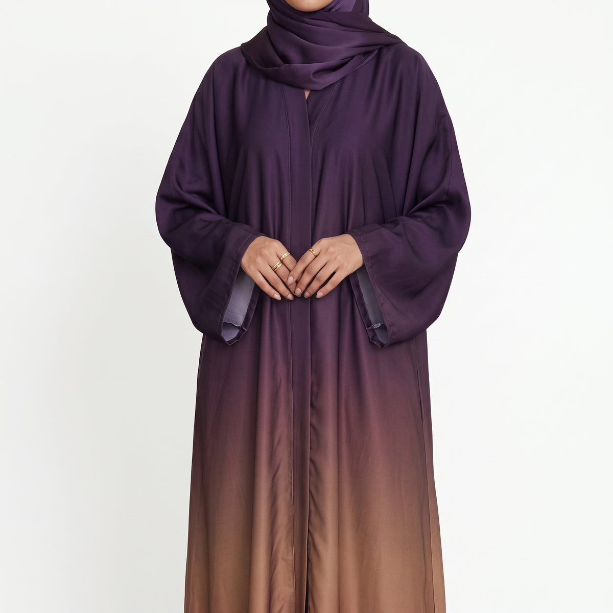 Dark purple and camel beige ombre abaya with wide sleeves