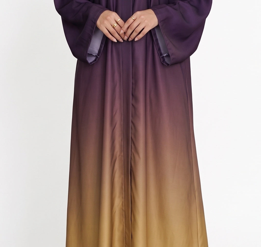 Dark purple and camel beige ombre abaya with wide sleeves