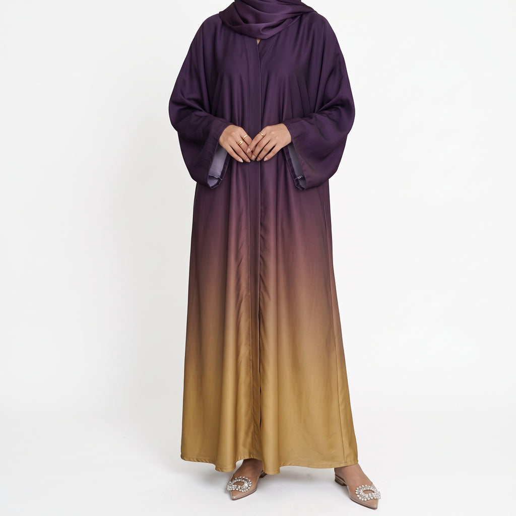 Dark purple and camel beige ombre abaya with wide sleeves