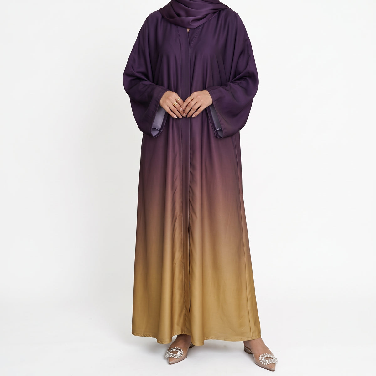 Dark purple and camel beige ombre abaya with wide sleeves