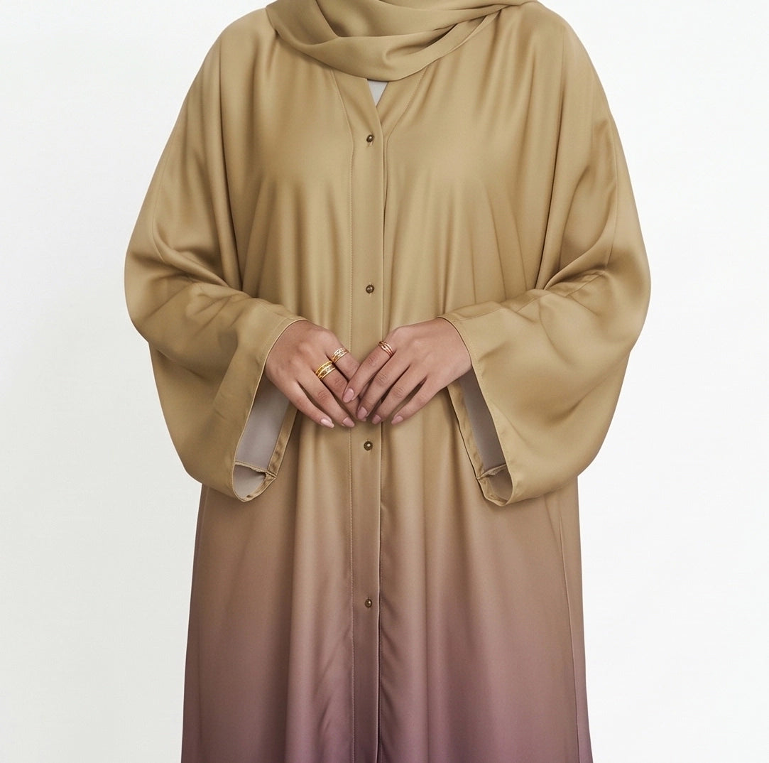 Beige to deep plum ombre abaya with wide sleeves and front button detailing