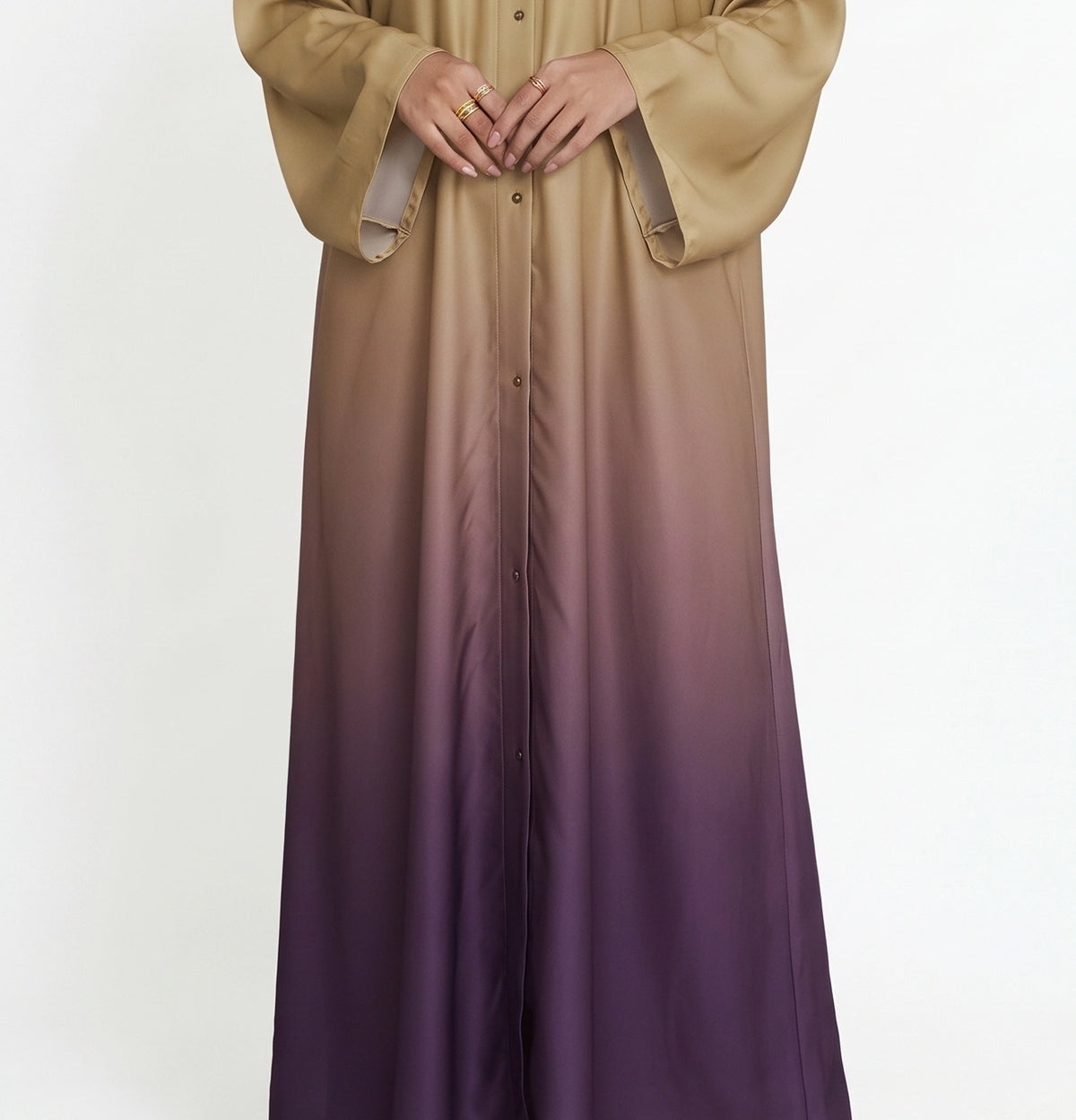 Beige to deep plum ombre abaya with wide sleeves and front button detailing