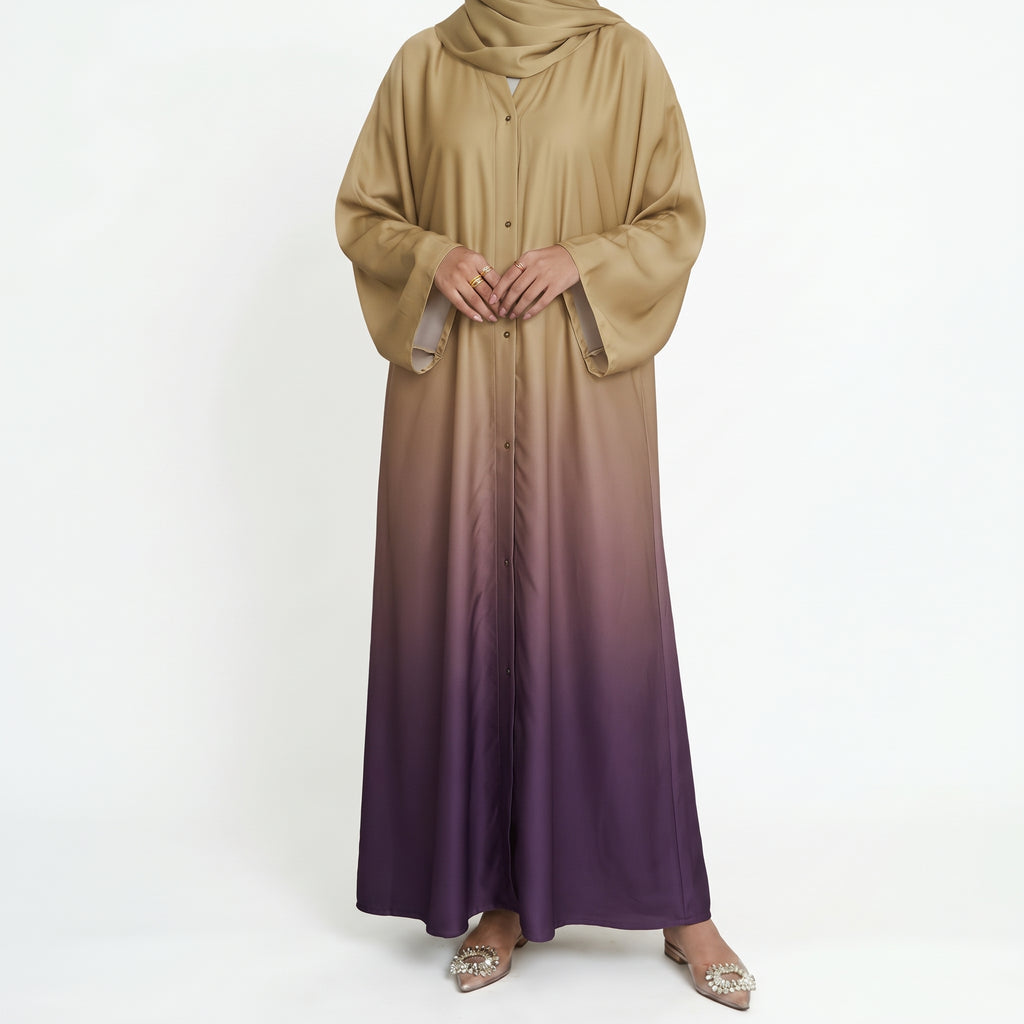 Beige to deep plum ombre abaya with wide sleeves and front button detailing