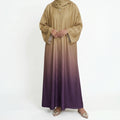 Beige to deep plum ombre abaya with wide sleeves and front button detailing