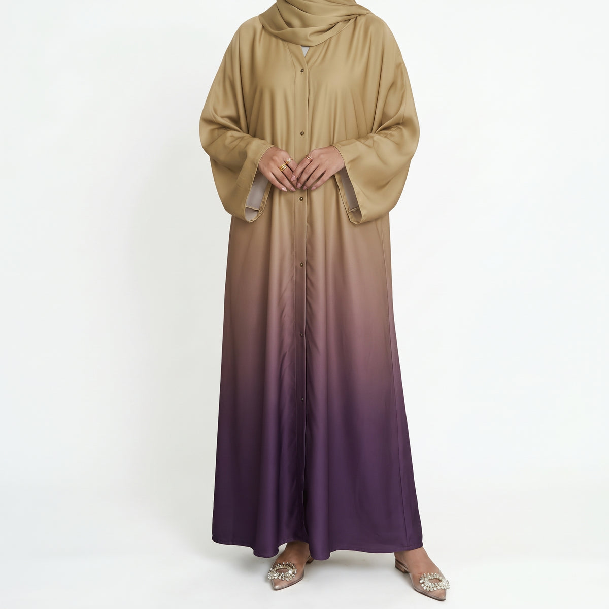 Beige to deep plum ombre abaya with wide sleeves and front button detailing