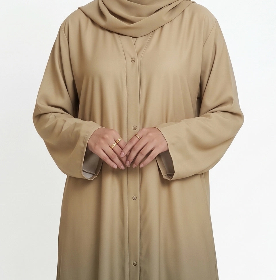 Beige and deep sage green ombre abaya with long sleeves and front open style