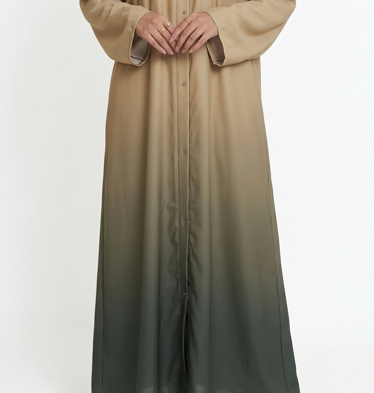 Beige and deep sage green ombre abaya with long sleeves and front open style