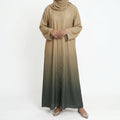 Beige and deep sage green ombre abaya with long sleeves and front open style