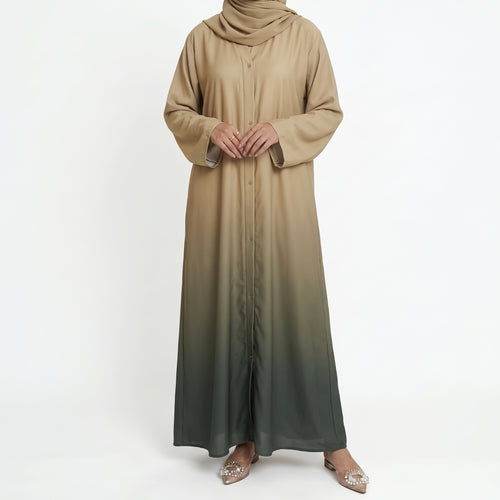 Beige and deep sage green ombre abaya with long sleeves and front open style