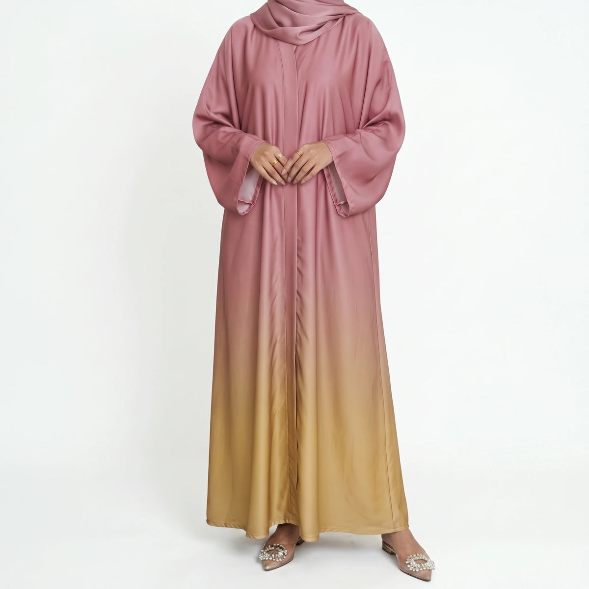 Dusty pink and beige ombre abaya with wide sleeves and matching pink headscarf