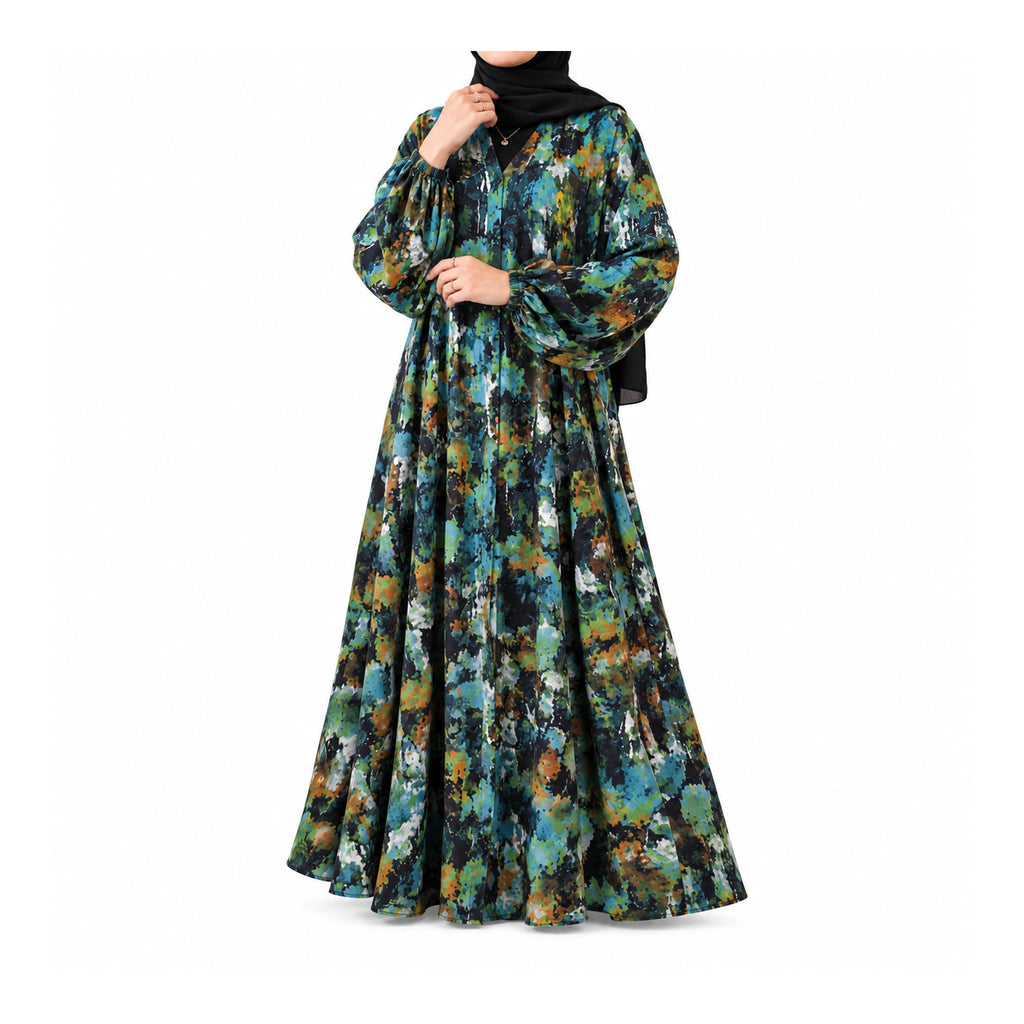 Black Multicolor Printed Abaya