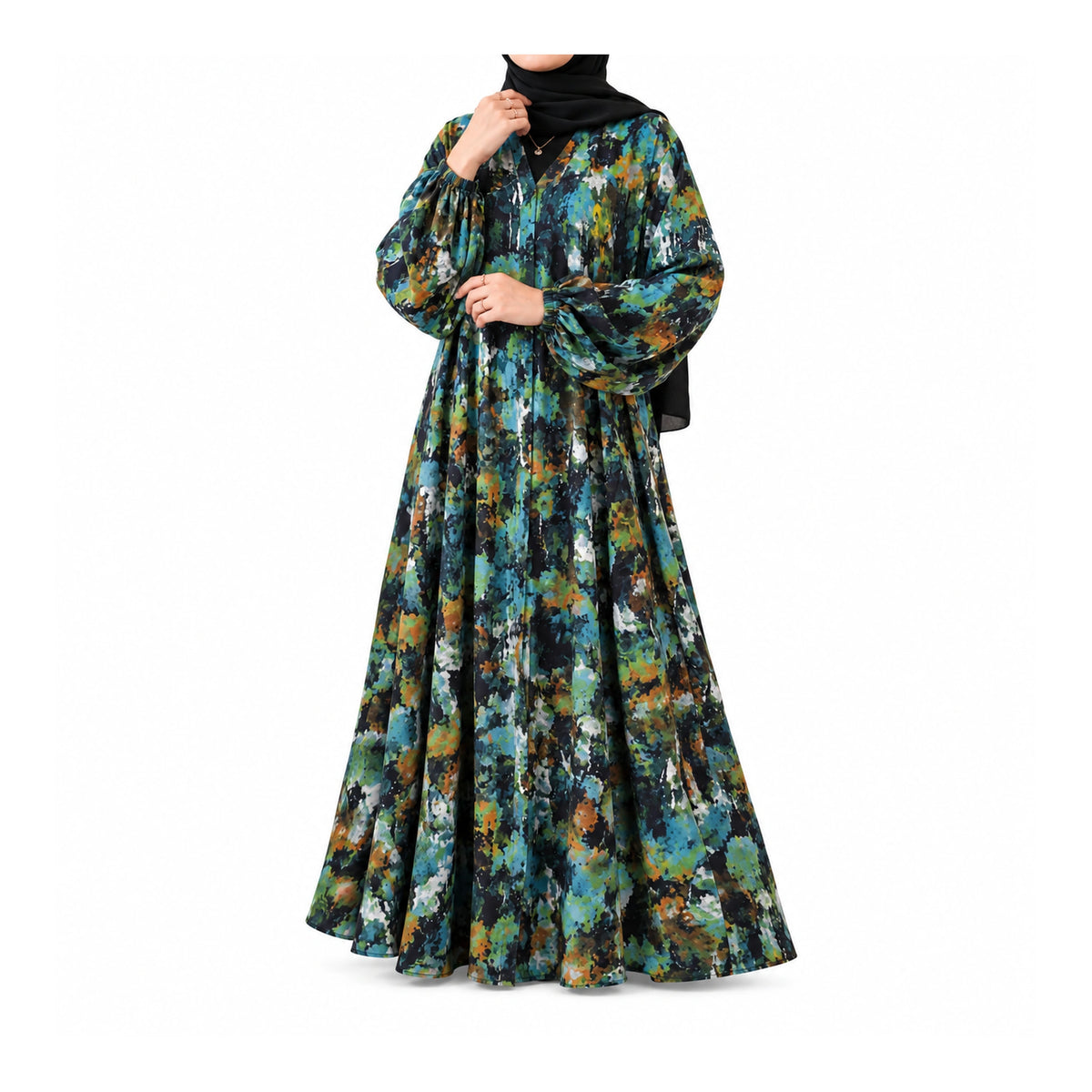 Black Multicolor Printed Abaya