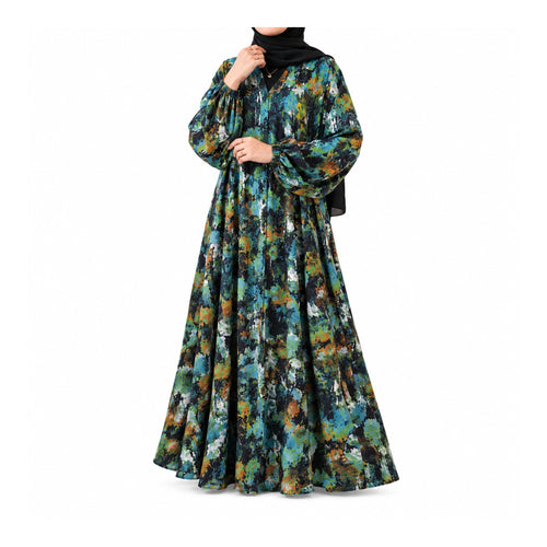 Black Multicolor Printed Abaya