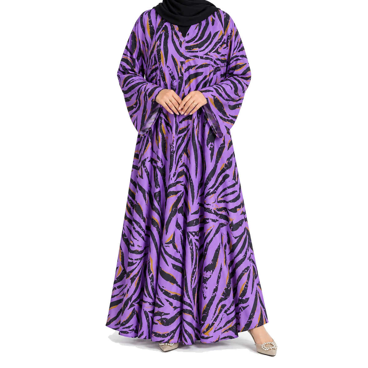 Wildstripe Abaya with a purple base, bold black abstract stripes, mustard accents, and a flowing full-length silhouette with front open