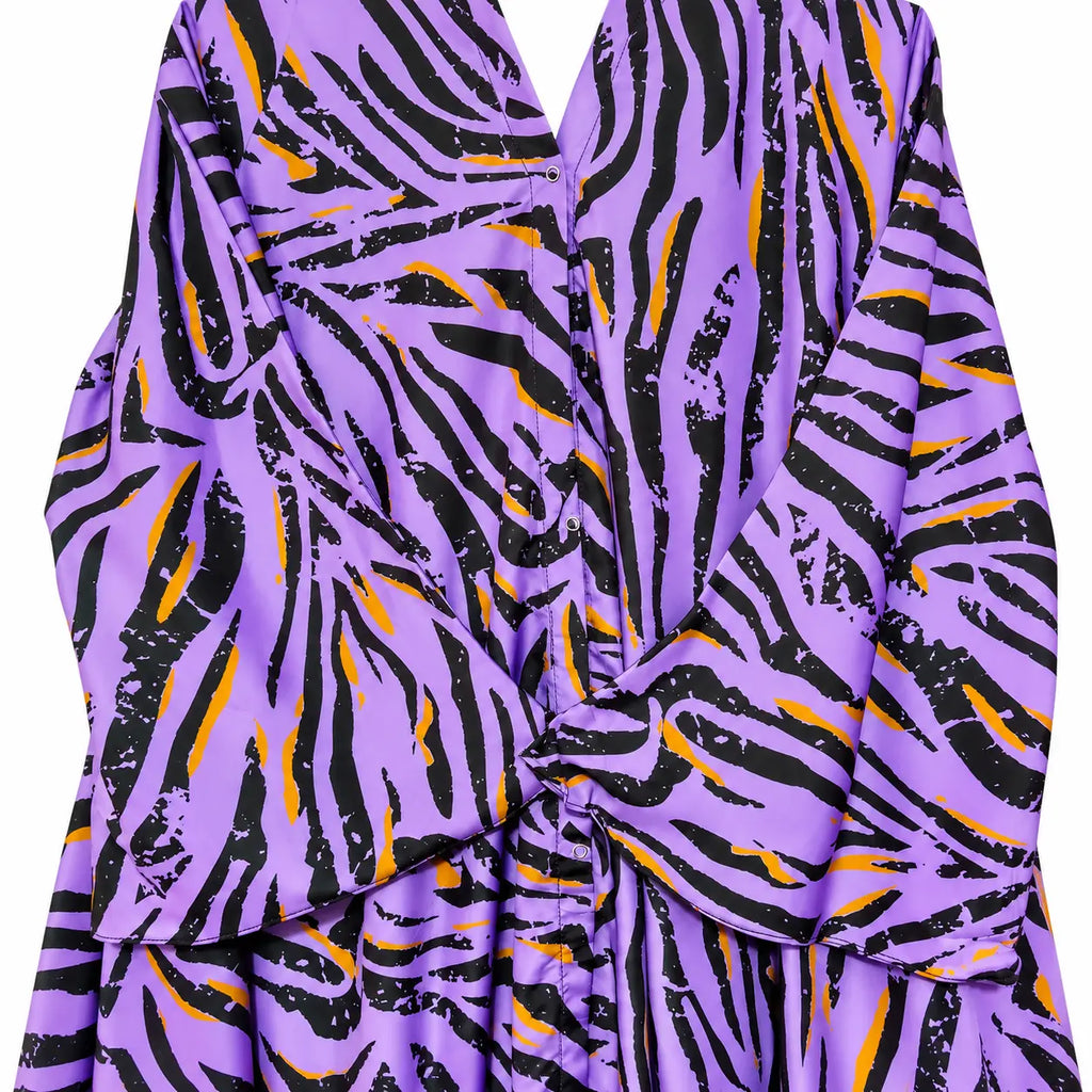 Wildstripe Abaya with a purple base, bold black abstract stripes, mustard accents, and a flowing full-length silhouette with open front