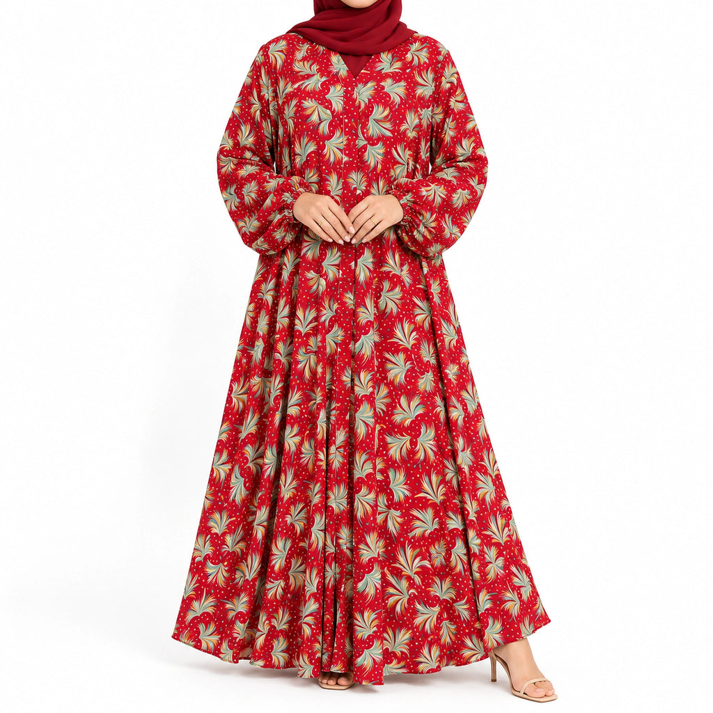 Petal Whirl Abaya featuring a red base, swirling green and cream motifs, and a full-length silhouette with open front