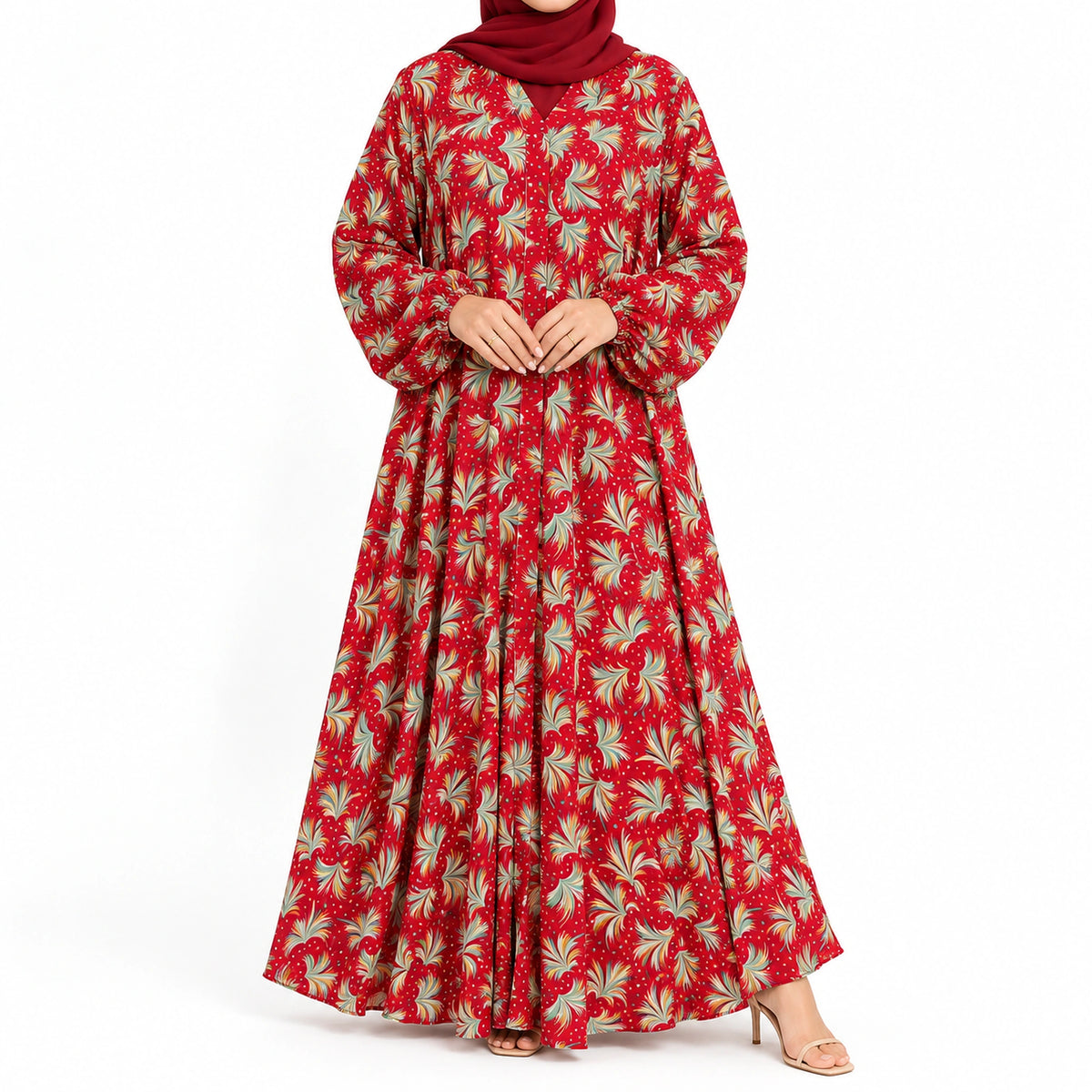 Petal Whirl Abaya featuring a red base, swirling green and cream motifs, and a full-length silhouette with open front
