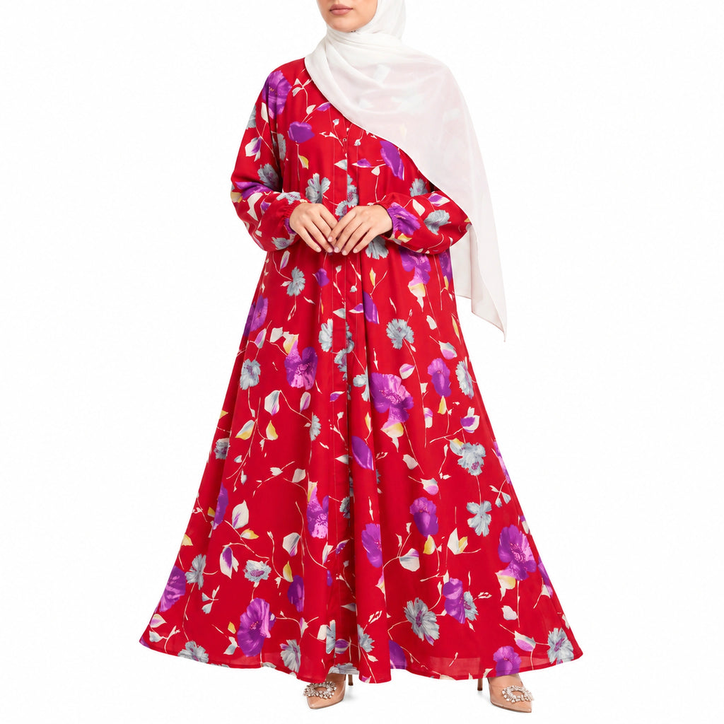 Wildflower Grace Abaya with a red base, multicolour floral print, and flowing full-length silhouette with front open 